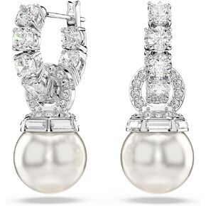 Swarovski Matrix drop earrings, Crystal pearl, Round cut, clear, Rhodium finish