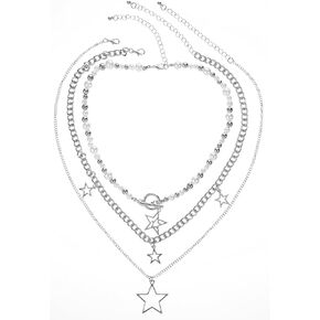 Star Necklace Y2k Silver Necklace Grunge Layered Necklace Cute Aesthetic Stack Toggle Chain Necklaces for Women Vintage Emo Jewelry