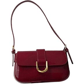 Women's Glossy Leather Flap Handbag Buckle Adjustable Strap Squared Shoulder Bags Purses