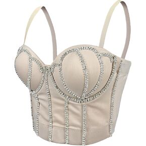 Women's Handmade Rhinestone Diamond Push up Bustier Crop Top Punk Corset Bra Vest With Detachable Strap