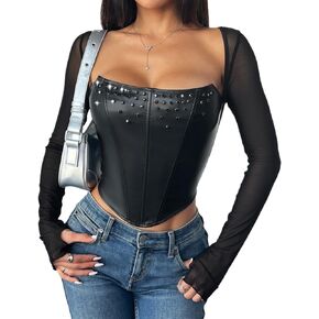 Faux Leather Corset Top for Women - Rhinestone Bustier Crop Top with Mesh Long Sleeves, Sexy Party Clubwear