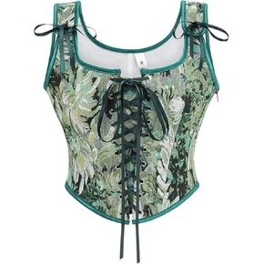 Women's Vintage Floral Print Vest Renaissance Corset Lace Up Fishbone Bustier Tops Pirate Costume