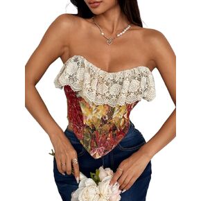 Women's Vintage Floral Jacquard French Corset Top Lace Ruffle Trim Sexy Sleeveless Bustier Tops