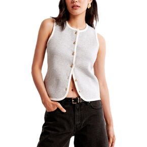 Bocymolay Vintage Knit Vest Top for Women Button Down Crewneck Sleeveless Tank Casual Cardigan Vest Streetwear