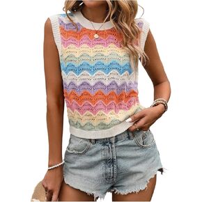 SOLY HUX Women's Color Block Hollow Out Sweater Vest Sleeveless Crewneck Summer Knit Tank Tops