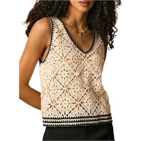 MakeMeChic Women's Crochet V Neck Sweater Vest Contrast Binding Sleeveless Knitwear Top