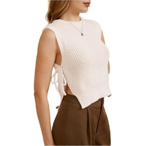 MakeMeChic Women's Tie Side Split Hem Crochet Knitted Sweater Vest Sleeveless Crew Neck Sweaters Tank Top