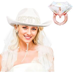 Bride Cowgirl Hat with Veil and Diamond Ring Balloon, Bride to Be 2 Pieces White Cowboy Hat for Women Bachelorette Party Bride Accessories Country Wedding, Bridal Shower