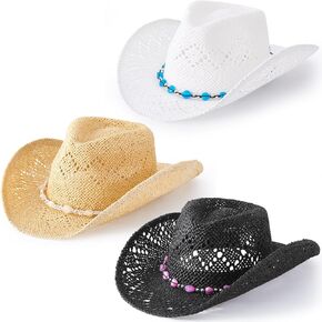 3 Pack Straw Cowboy Hats for Women Men Western Style Adjustable Band Wide Brim Cowgirl Hats for Outdoor