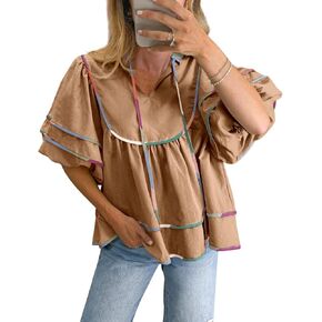 Cicy Bell Womens Summer Babydoll Tops v الرقبة القصيرة القمصان الفانوس