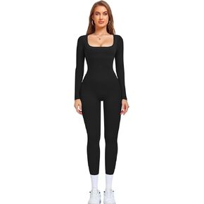 Olchee Womens Long Sleeve تمرين بذلة مربع الرقبة مضلعة خالفة اليوغا Romper مثير الجسم