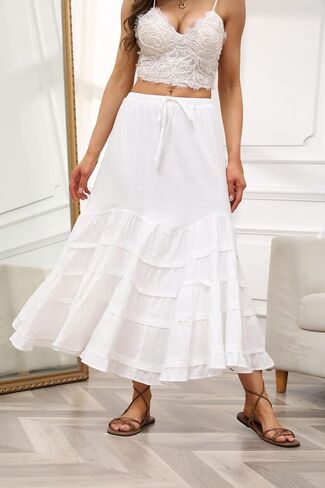 CHARTOU Women Tiered Maxi Mermaid Skirt Drawstring Waist Ruffle Flowy Boho 2024 Summer Long Skirt in Saudi Arabia