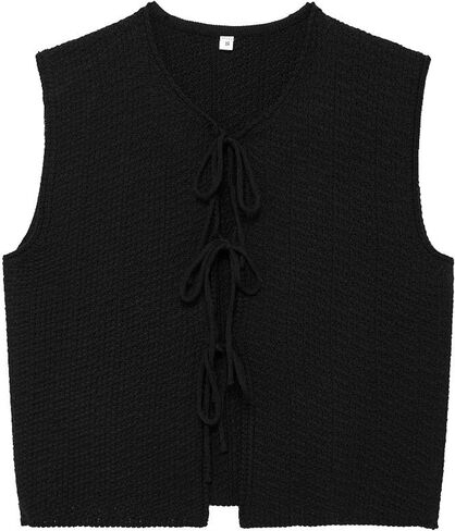 Mansy Women Tie Front Vest Top Y2k Knit V Neck Sleeveless Crop Sweater Tank Vintage Casual Streetwear in Saudi Arabia
