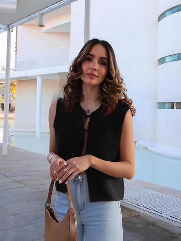 Mansy Women Tie Front Vest Top Y2k Knit V Neck Sleeveless Crop Sweater Tank Vintage Casual Streetwear in Saudi Arabia