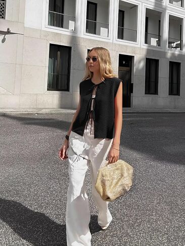 Mansy Women Tie Front Vest Top Y2k Knit V Neck Sleeveless Crop Sweater Tank Vintage Casual Streetwear in Saudi Arabia