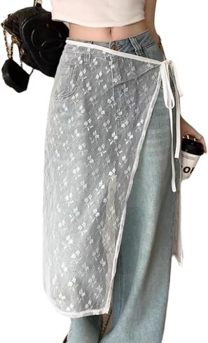 YEMOCILE Women's See Through Bow Lace Skirt Tie Up Mesh Midi Skirt Sheer Hip Covering Skirts in Saudi Arabia