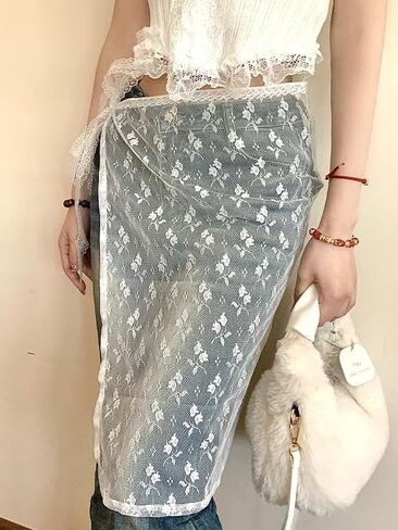 YEMOCILE Women's See Through Bow Lace Skirt Tie Up Mesh Midi Skirt Sheer Hip Covering Skirts in Saudi Arabia