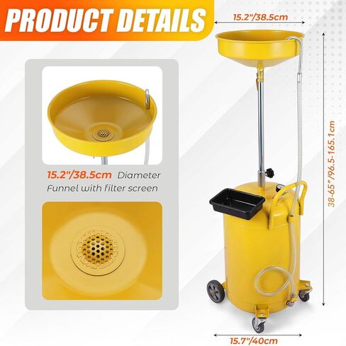 8 جالون النفايات المحمولة زيت النفايات صرف تصريف الهواء يعمل الصرف القابل للتعديل مع عجلة ، أصفر in Kuwait