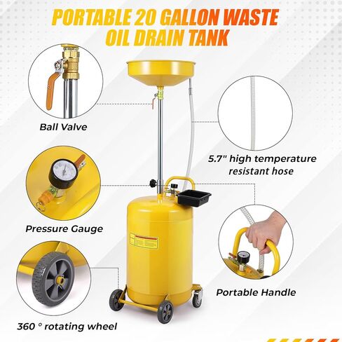 8 جالون النفايات المحمولة زيت النفايات صرف تصريف الهواء يعمل الصرف القابل للتعديل مع عجلة ، أصفر in Kuwait