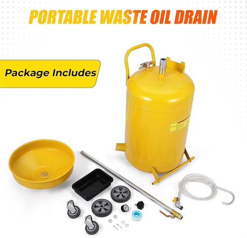 8 جالون النفايات المحمولة زيت النفايات صرف تصريف الهواء يعمل الصرف القابل للتعديل مع عجلة ، أصفر in Kuwait