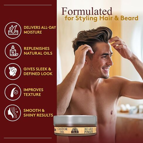 MEN Castor Oil Beard and Hair Pomade For Styling Hair And Beard,All Day Hold, For A Sleek Defined Look Silicone,Paraben Free For All Hair Types and Textures Made in USA 4oz in Saudi Arabia