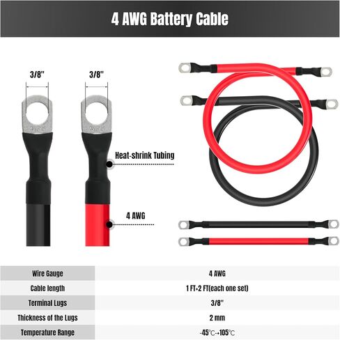 4 AWG Battery Cable 4 Gauge Battery Cables 4AWG Battery Power Inverter Wires Cables with 3/8 inch Lugs for Solar Systems, RVs, Campers, Travel Trailers, Cars (1FT + 2FT) in Saudi Arabia