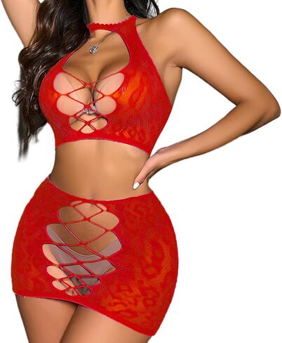 kaylle & KT Fishnet Lingerie للنساء Babydoll Mesh Chemise Bodysuit Sexy Top and Mini Skirt in Kuwait
