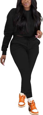 TOPSRANI Womens Two Piece Outfits Bodycon Tracksuit Sweatsuits Hoodie Solid Jogger Biker Workout Lounge Long Sleeve Pant Sets in Kuwait