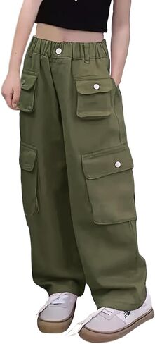 Girl's Elastic High Waist Cargo Pants Wide Leg Trousers with Flap Pocket, 3-14 Years in Kuwait