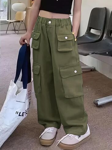 Girl's Elastic High Waist Cargo Pants Wide Leg Trousers with Flap Pocket, 3-14 Years in Kuwait