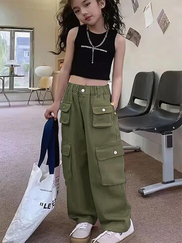 Girl's Elastic High Waist Cargo Pants Wide Leg Trousers with Flap Pocket, 3-14 Years in Kuwait