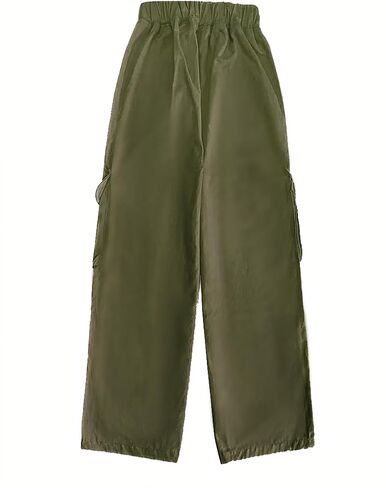 Girl's Elastic High Waist Cargo Pants Wide Leg Trousers with Flap Pocket, 3-14 Years in Kuwait
