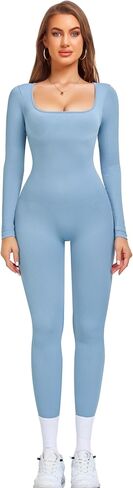 OLCHEE Womens Long Sleeve Workout Jumpsuit Square Neck Ribbed Seamless Yoga Romper Sexy Bodycon Tummy Control Unitard Onesie in Saudi Arabia