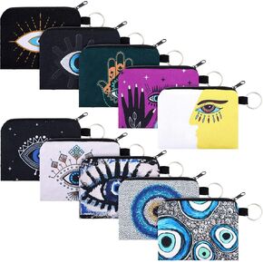 Hicarer 10 Pieces Small Coin Purse Boho Change Purse Pouch Printed Mini Wallet Coin Bag with Zipper for Women Girls (Evil Eye Print,4.7 x 3.94 Inch)