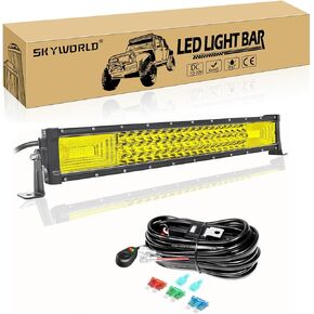 SKYWORLD Yellow 22inch 7D LED Work Light Bar 270W Straight Flood Spot Combo Beam LED Work Lights Triple Row Driving Light 4000K for Car Truck Boat Offroad Driving Lamp Vehicles Atvs Utvs Waterproof