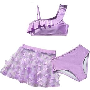 Girl's 3 Piece Swimsuits Asymmetrical Neck Ruffle Bikini Bathing Suit with Butterfly Cover Up Skirt