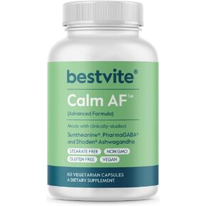 Calm AF (Advanced Formula) (60 Veggie Caps) - Clinically Studied Shoden Ashwagandha, Suntheanine L Theanine, PharmaGABA - No Stearates - Vegan - Non GMO - Gluten Free - Ashwagandha & GABA Supplements