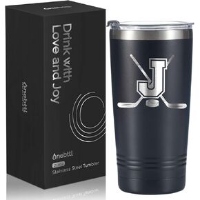 Onebttl Ice Hockey Player Gift with Initial for Boy & Men, Hockey Initial Tumbler 20 oz with Lid & Straw, Gift for Hockey Lover Sports Travel Coffee Mug - D