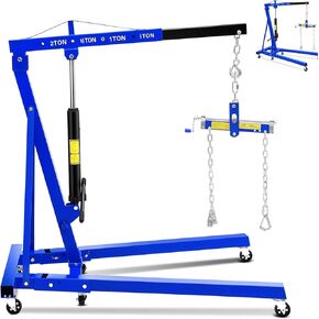 4400 LBS Folding Engine Hoist With Leveler Stabilizer, 2 Ton Hydraulic Cherry Picker Engine Crane With 6 Swivel Casters & Telescopic Boom Hitch for Garage, Workshop, Factory & Warehouses