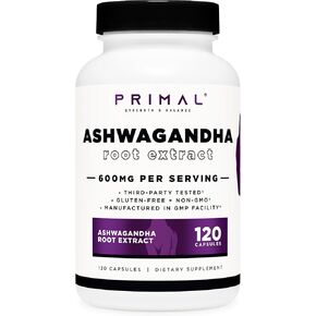 Primal Ashwagandha Root Root Extract 120 Capsules ، 600mg لكل وجبة-خالية من الغلوتين ، خالية من الكائنات المعدلة وراثيًا