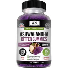 Kaya Naturals Ashwagandha Bitter Gummies - Natural Stress Relief, Boost Energy & Mental Clarity, Non-GMO, Gluten-Free, Chewable Gummies - 30 Count