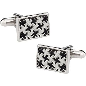 Black and White Enamel Houndstooth Silver Cufflinks with Presentation Box
