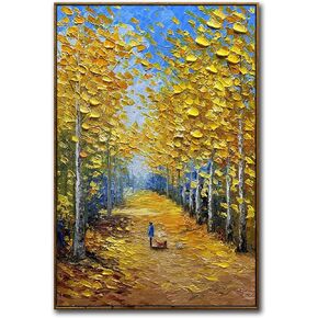 Tiancheng Autumn Forest Path Path Painting ، 24 × 36 بوصة ، فن قماش مرسوم يدويًا مع إطار خشبي ، ديكور جدار المناظر الطبيعية الأصفر