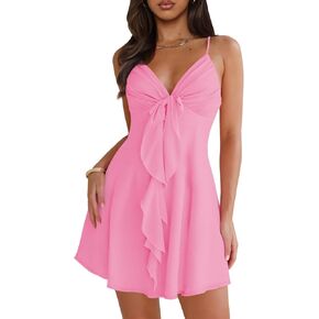 Women Sleeveless Sexy V Neck Summer Dress for Women Casual Flowy Beach Club Party Spaghetti Strap Mini Sundress