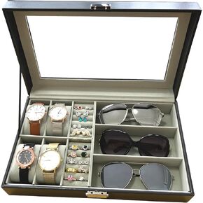 Men Women Watch Box Watch Case Jewelry Organizer Holder Jewelry Display Box Case Glass Top Sunglasses Storage Organizer Lockable PU Leather
