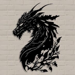 Dragon Metal Wall Art Medieval Decor Fantasy Decorations for Living Room Bedroom Office Man Cave Decor for Men Dragon Lover's Gifts (14.2 In X 11.4 In Black）