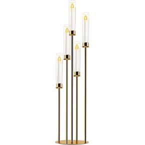 Gold 5 Arm Cluster Taper Candle Holder with Clear Glass Shades and White Wax Taper Candles, Metal Candlestick Arrangement (1, Gold, 33.5'')