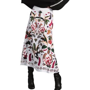 Women's Boho Rose Red Midi Skirt Fun Tropical Plant Print Flowy A Line Summer Skirt