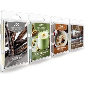 UCC Wax Melts, Soy Wax Cubes Strong Scent Long Lasting Premium Scented Mix Melts Tarts-Vanilla Bean, Pistachio Amaretto, Butter Rum Mocha, Cuddle up (Tonka & Oud) - 4 Pack