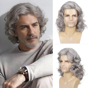 Ddhair Men's Black Wig Natural Curly Wavy Hair Asse Compans Compansory 70s 80s Rocker Cosplay شعر مستعار صناعي للرجال (أسود)